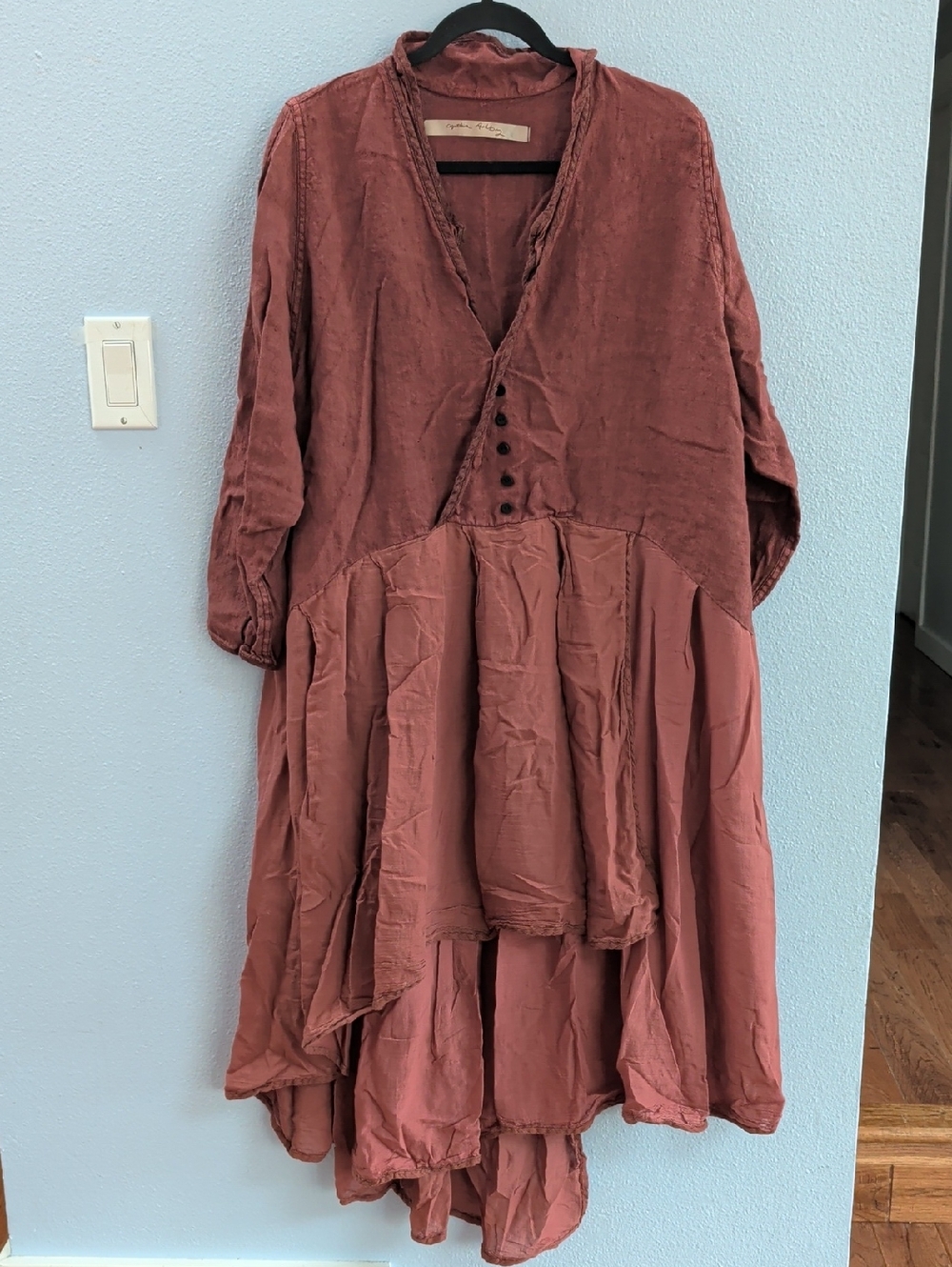 Cynthia Ashby Deep Red Layered V-Neck Button Midi Dress